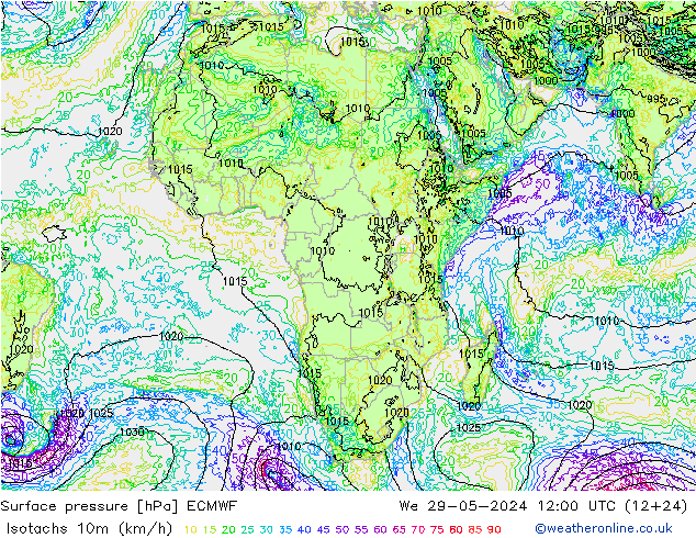 Eşrüzgar Hızları (km/sa) ECMWF Çar 29.05.2024 12 UTC