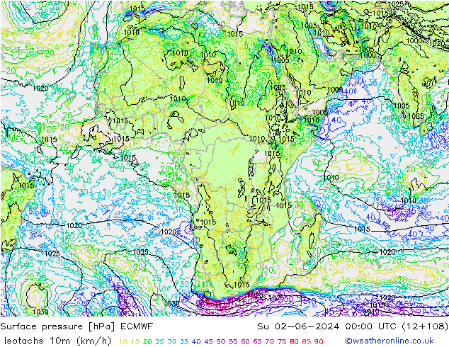 Isotachs (kph) ECMWF dim 02.06.2024 00 UTC