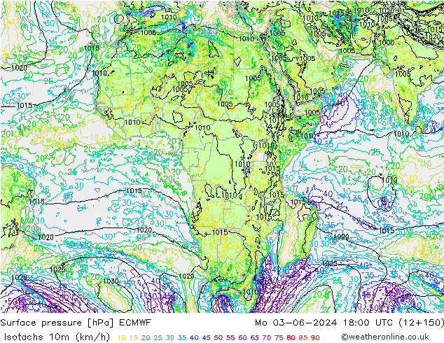 Isotachs (kph) ECMWF lun 03.06.2024 18 UTC