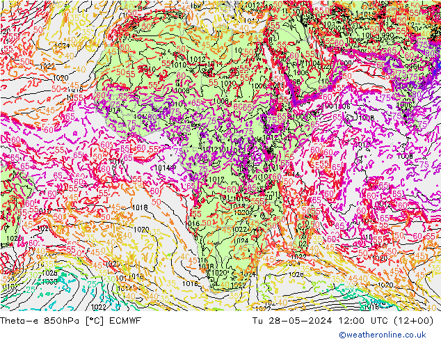 Theta-e 850hPa ECMWF Sa 28.05.2024 12 UTC