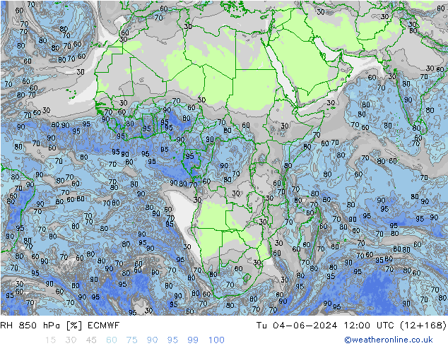 RH 850 hPa ECMWF wto. 04.06.2024 12 UTC