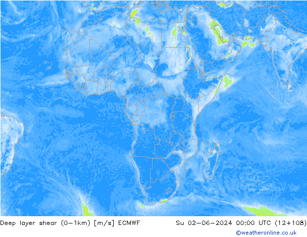 Deep layer shear (0-1km) ECMWF nie. 02.06.2024 00 UTC