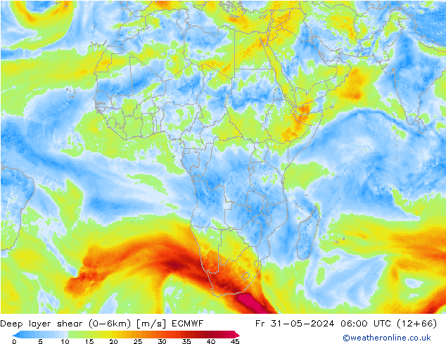 Deep layer shear (0-6km) ECMWF ven 31.05.2024 06 UTC