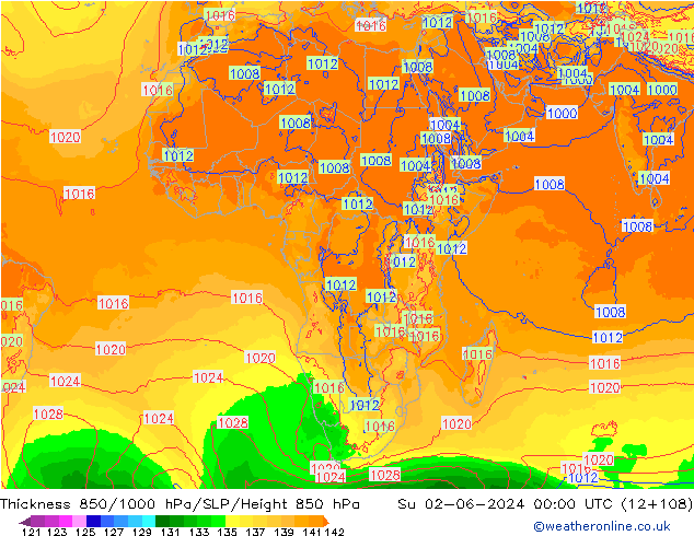 Thck 850-1000 hPa ECMWF Su 02.06.2024 00 UTC