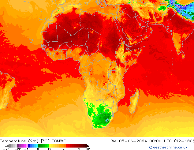 Temperatuurkaart (2m) ECMWF wo 05.06.2024 00 UTC