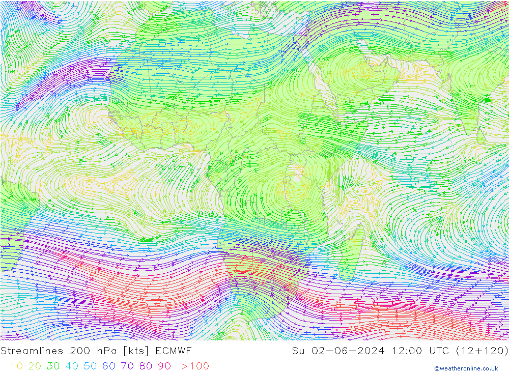 Streamlines 200 hPa ECMWF Su 02.06.2024 12 UTC