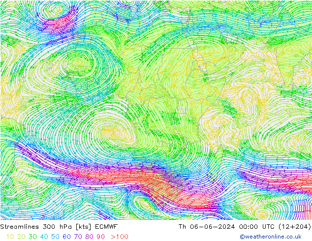 Streamlines 300 hPa ECMWF Th 06.06.2024 00 UTC