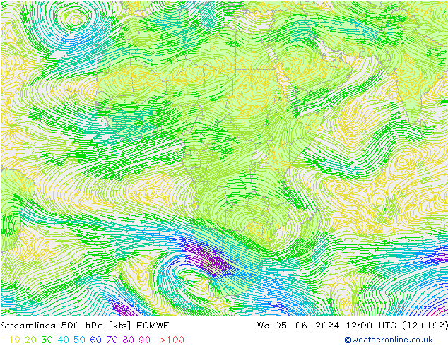 Linha de corrente 500 hPa ECMWF Qua 05.06.2024 12 UTC