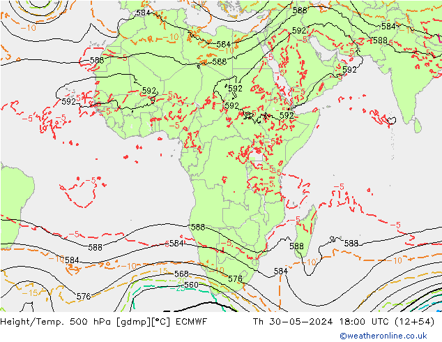 Height/Temp. 500 hPa ECMWF czw. 30.05.2024 18 UTC