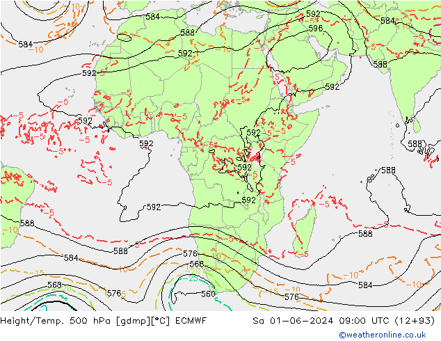 Hoogte/Temp. 500 hPa ECMWF za 01.06.2024 09 UTC