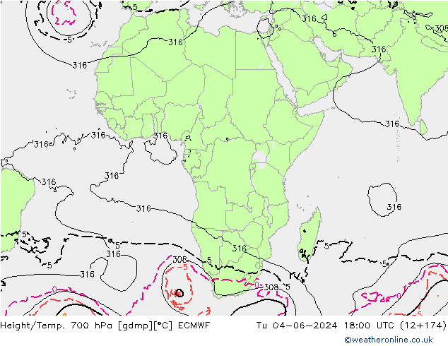 Height/Temp. 700 hPa ECMWF Tu 04.06.2024 18 UTC