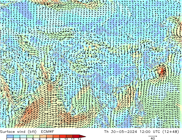 Viento 10 m (bft) ECMWF jue 30.05.2024 12 UTC