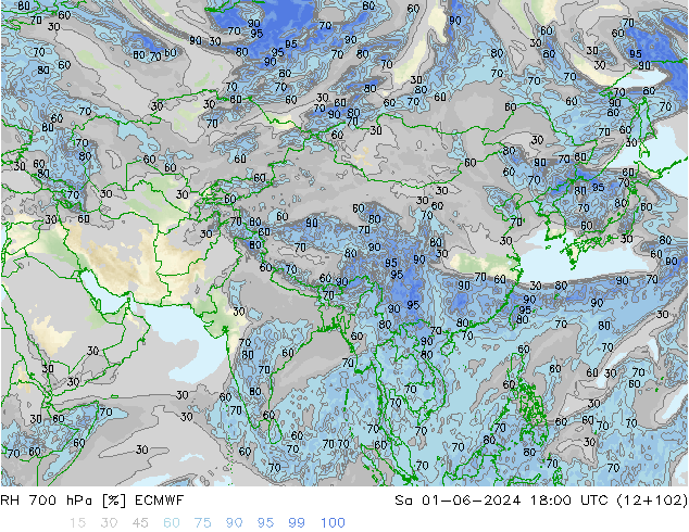 RH 700 hPa ECMWF sab 01.06.2024 18 UTC