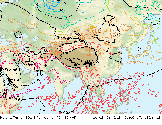 Geop./Temp. 850 hPa ECMWF dom 02.06.2024 00 UTC