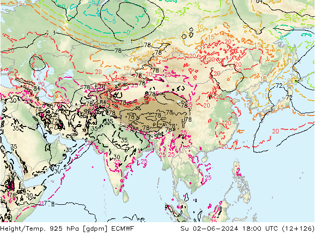 Height/Temp. 925 hPa ECMWF Dom 02.06.2024 18 UTC