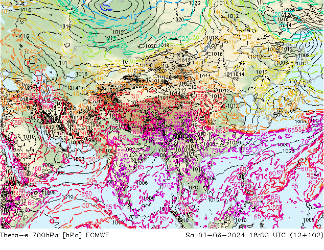 Theta-e 700hPa ECMWF sab 01.06.2024 18 UTC