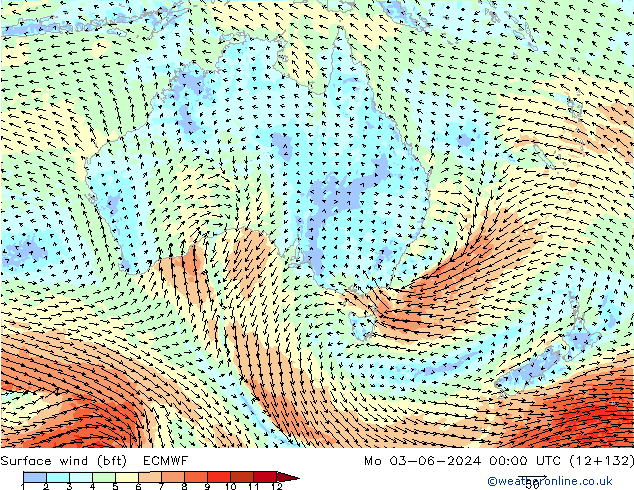 Viento 10 m (bft) ECMWF lun 03.06.2024 00 UTC