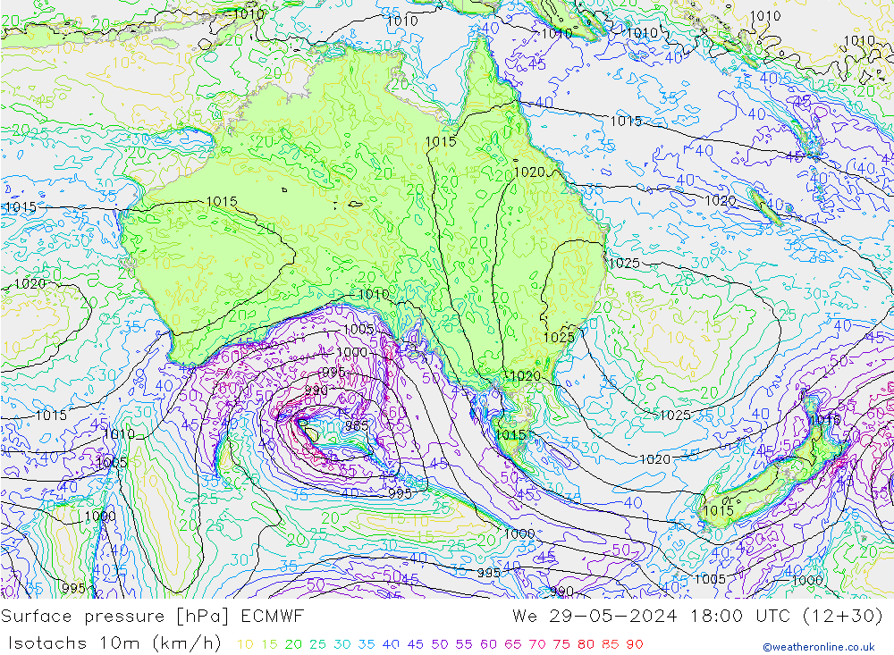 Isotachs (kph) ECMWF ср 29.05.2024 18 UTC