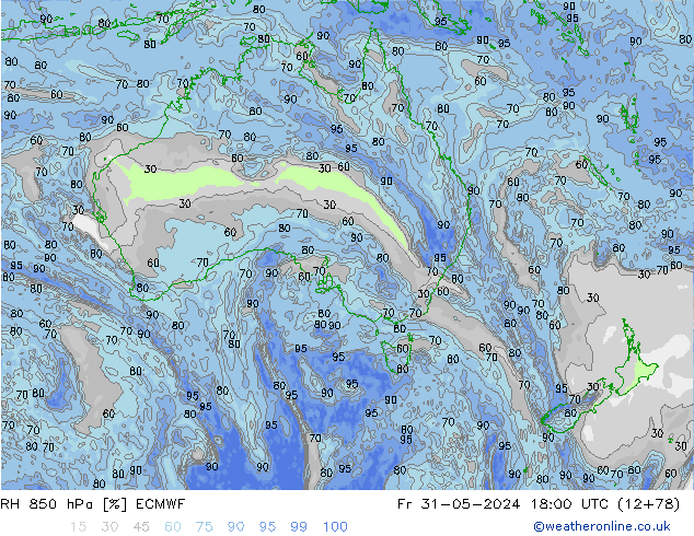 Humidité rel. 850 hPa ECMWF ven 31.05.2024 18 UTC