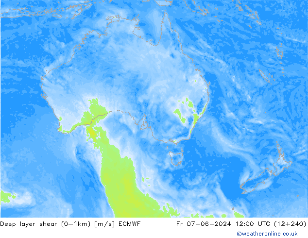 Deep layer shear (0-1km) ECMWF ven 07.06.2024 12 UTC