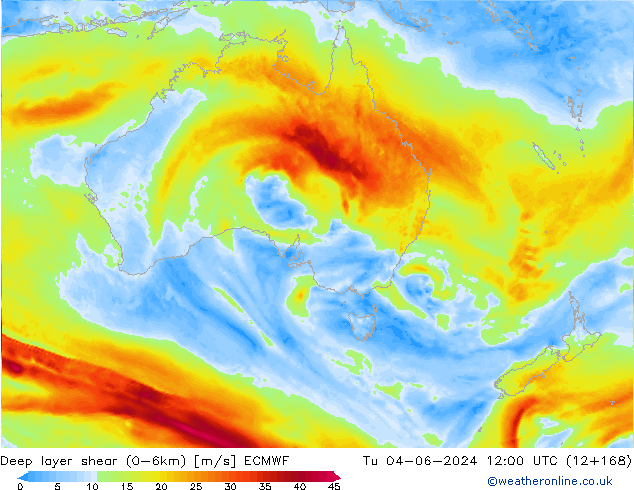 Deep layer shear (0-6km) ECMWF Sa 04.06.2024 12 UTC