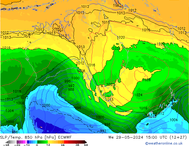 SLP/Temp. 850 hPa ECMWF Qua 29.05.2024 15 UTC