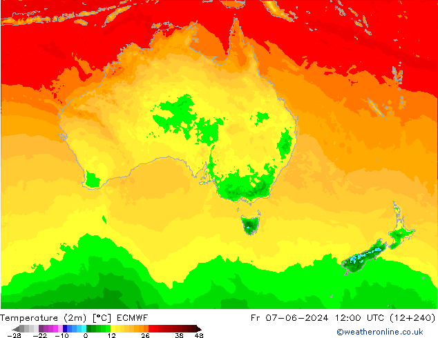 Temperature (2m) ECMWF Pá 07.06.2024 12 UTC