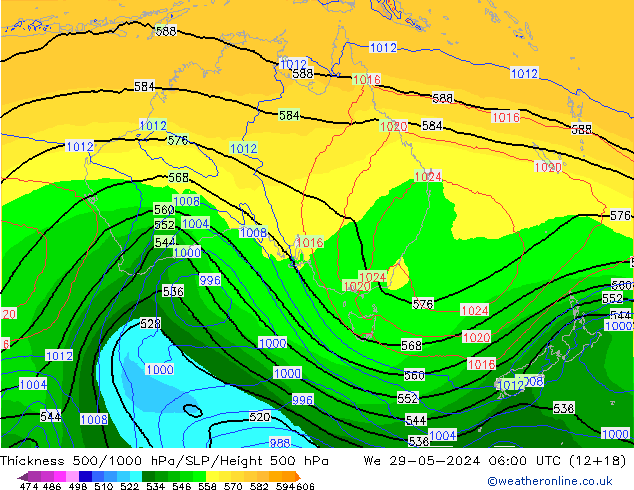 Espesor 500-1000 hPa ECMWF mié 29.05.2024 06 UTC