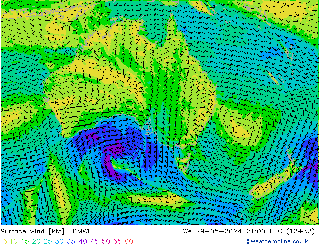 Vento 10 m ECMWF Qua 29.05.2024 21 UTC