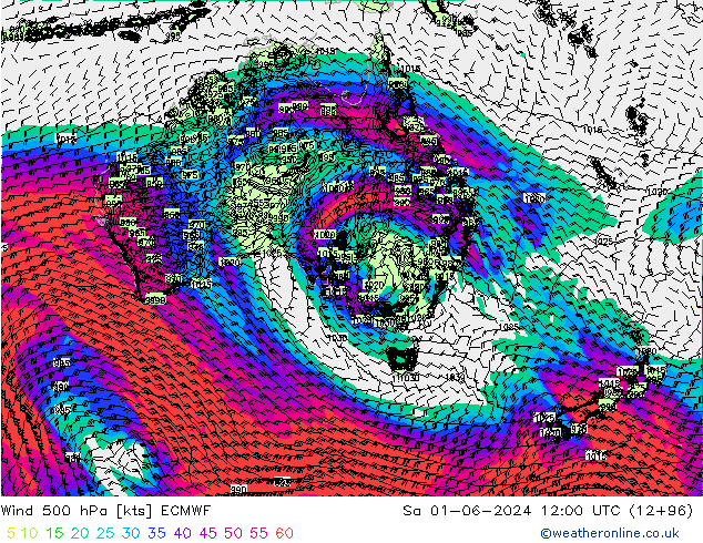 Vento 500 hPa ECMWF sab 01.06.2024 12 UTC