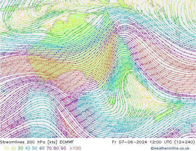 Linea di flusso 200 hPa ECMWF ven 07.06.2024 12 UTC