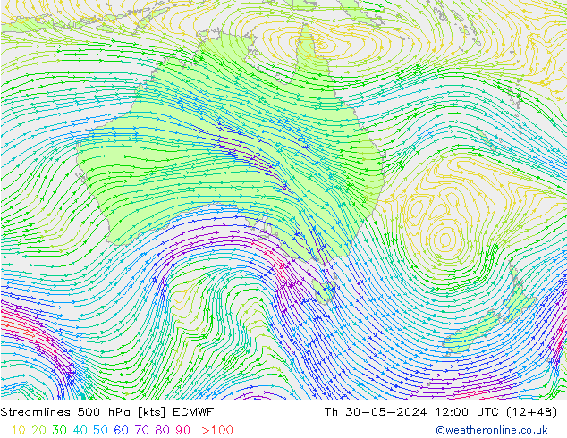 Linia prądu 500 hPa ECMWF czw. 30.05.2024 12 UTC