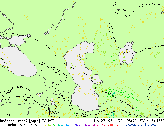 Izotacha (mph) ECMWF pon. 03.06.2024 06 UTC