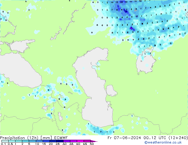 Precipitation (12h) ECMWF Pá 07.06.2024 12 UTC