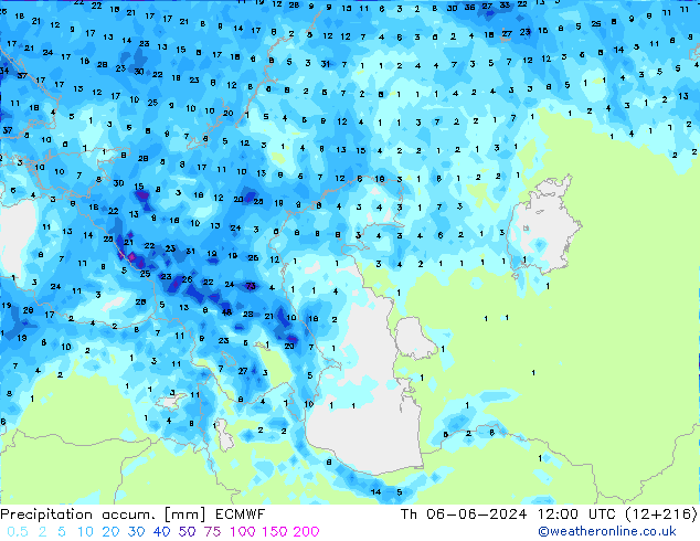 Precipitation accum. ECMWF Čt 06.06.2024 12 UTC