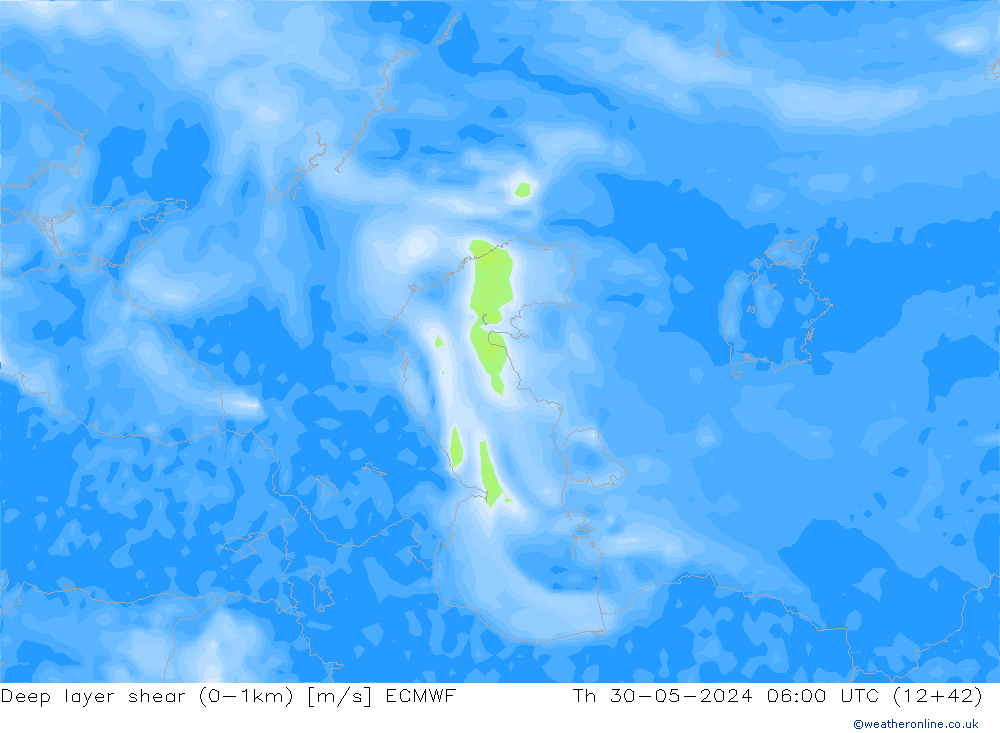 Deep layer shear (0-1km) ECMWF Th 30.05.2024 06 UTC