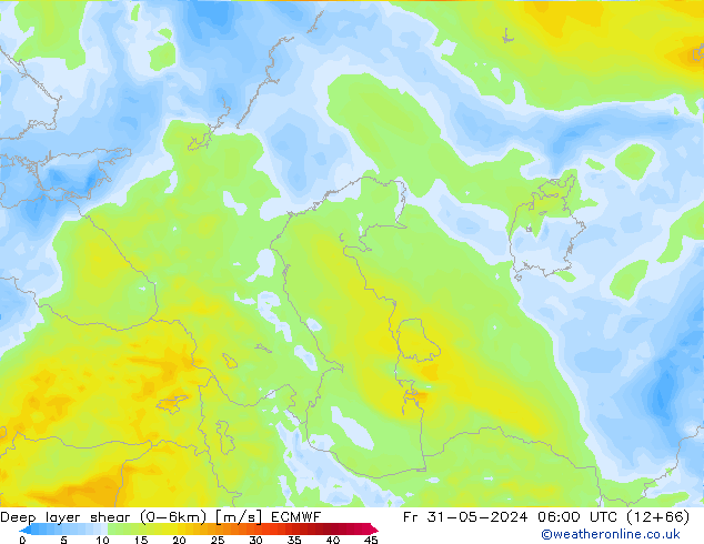 Deep layer shear (0-6km) ECMWF Fr 31.05.2024 06 UTC