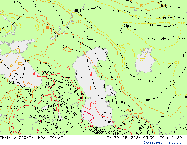 Theta-e 700hPa ECMWF gio 30.05.2024 03 UTC