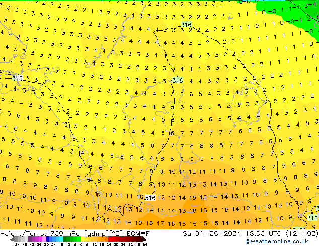 Height/Temp. 700 hPa ECMWF Sa 01.06.2024 18 UTC