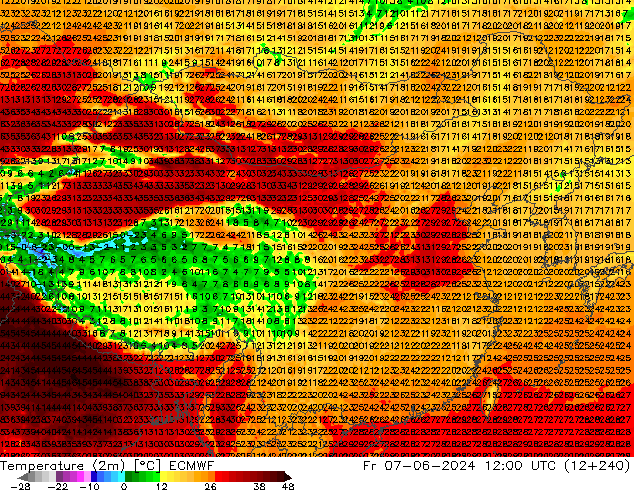 Temperatuurkaart (2m) ECMWF vr 07.06.2024 12 UTC