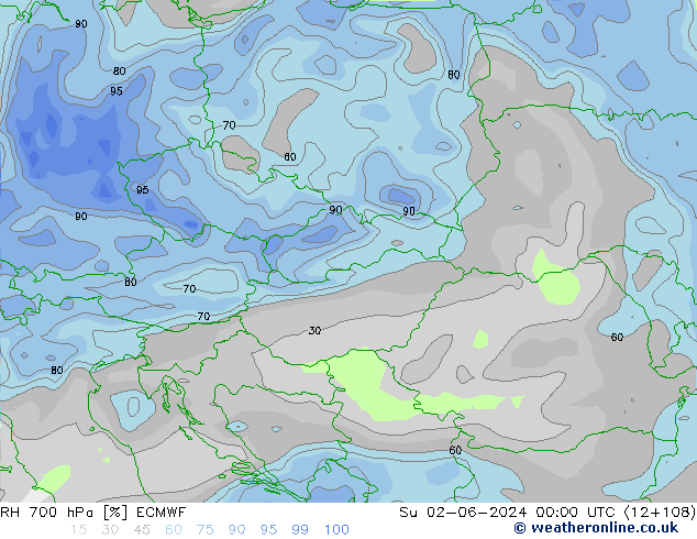 RH 700 hPa ECMWF nie. 02.06.2024 00 UTC