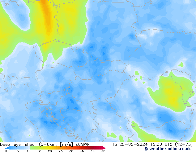 Deep layer shear (0-6km) ECMWF mar 28.05.2024 15 UTC