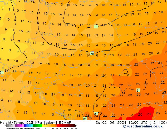 Height/Temp. 925 гПа ECMWF Вс 02.06.2024 12 UTC