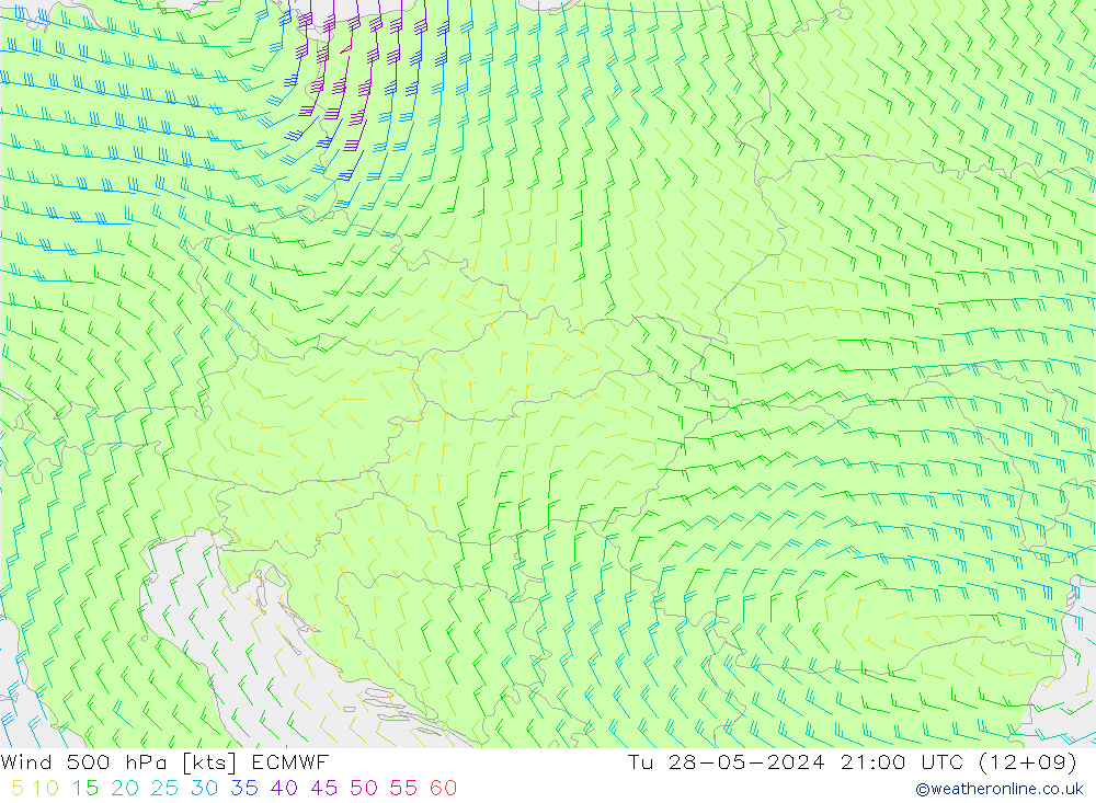 Wind 500 hPa ECMWF Tu 28.05.2024 21 UTC