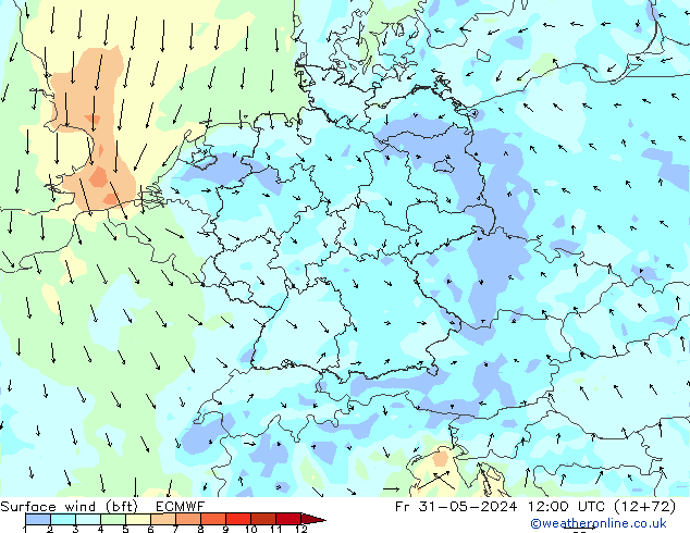 ве�Bе�@ 10 m (bft) ECMWF пт 31.05.2024 12 UTC