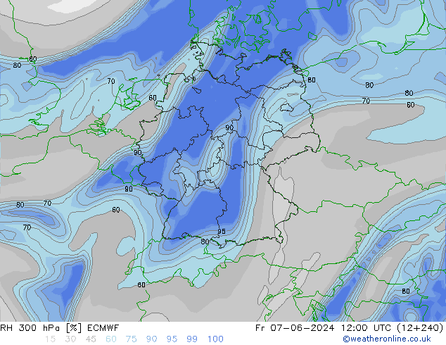 Humidité rel. 300 hPa ECMWF ven 07.06.2024 12 UTC