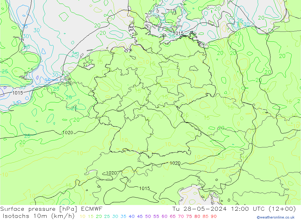 Isotaca (kph) ECMWF mar 28.05.2024 12 UTC