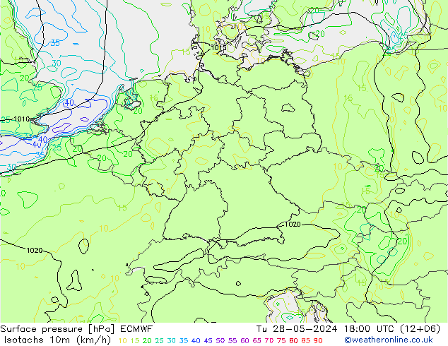 Isotachs (kph) ECMWF mar 28.05.2024 18 UTC