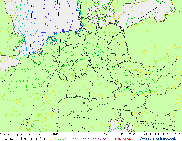 Isotachen (km/h) ECMWF za 01.06.2024 18 UTC