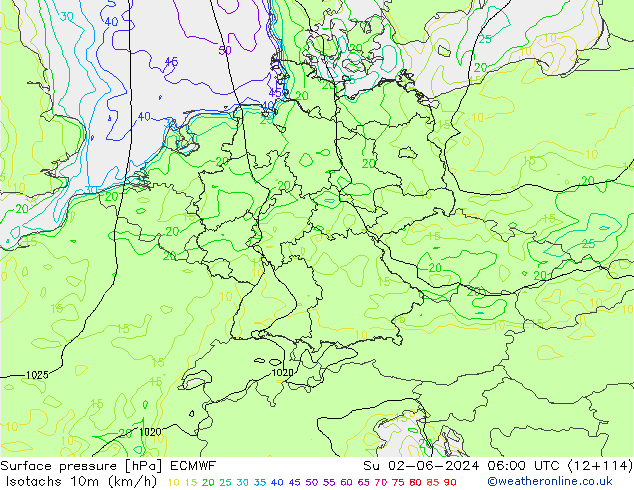Isotachs (kph) ECMWF dim 02.06.2024 06 UTC